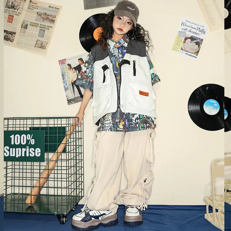 Vintage Hip Hop Dance Outfit: Shirt, Cargo Pants & Vest
