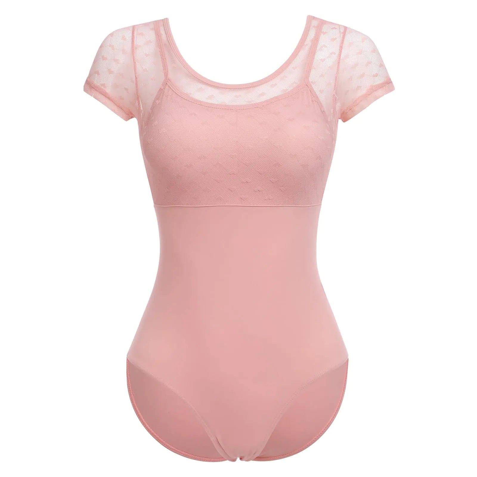AFAVOM Ballet Leotards for Women Short Sleeve Gymnastics Leotards Sheer Mesh Lace Ballet Bodysuit Dance Leotard for Ballet Adult Ballerina Costume Dancewear Leotard with Bra Pink - Mesh Heart L