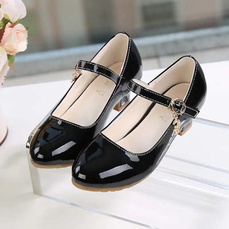 Girls White Leather High Heel Princess Dance Sandals