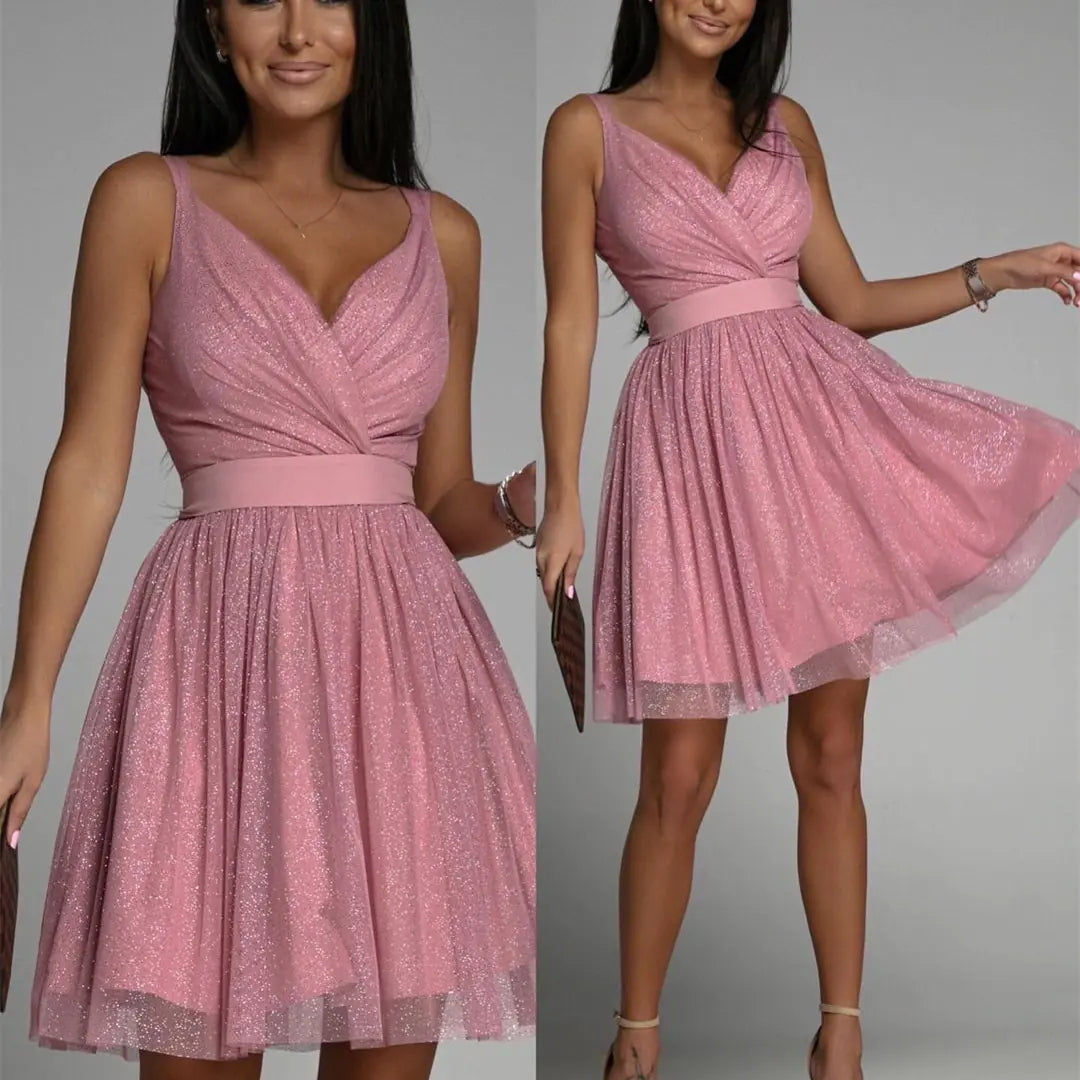 Elegant Glitter Sleeveless Deep V Neck Party Dress