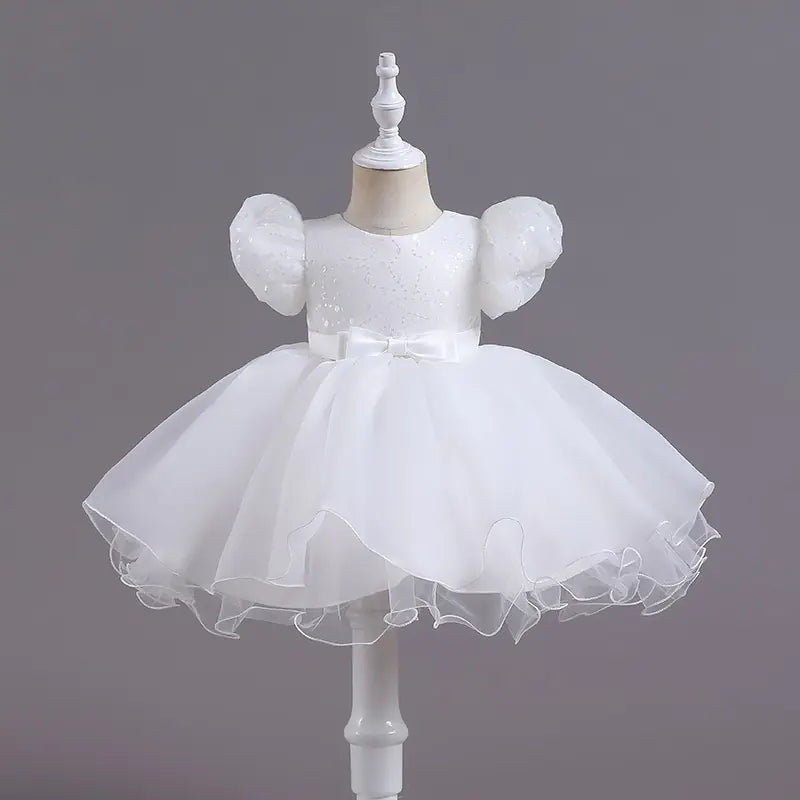 Sequined Puff Sleeve Lace Bubble Skirt Dance Dress