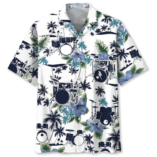 ArtlohaDVL Hawaiian Drum Shirt Men Short Sleeve Drummer Button Down Shirt - Vintage Drum Shirts for Men