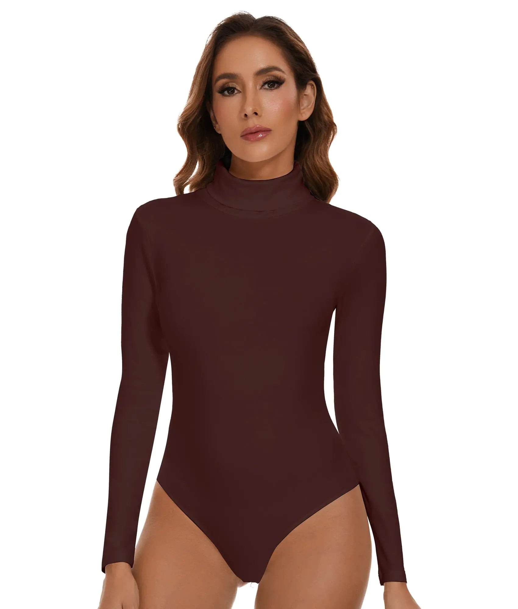 SHAPERIN Womens Mock Turtle Neck Long Sleeve Bodysuit Tops Sexy T Shirt Leotard Jumpsuit (SmallBrown)