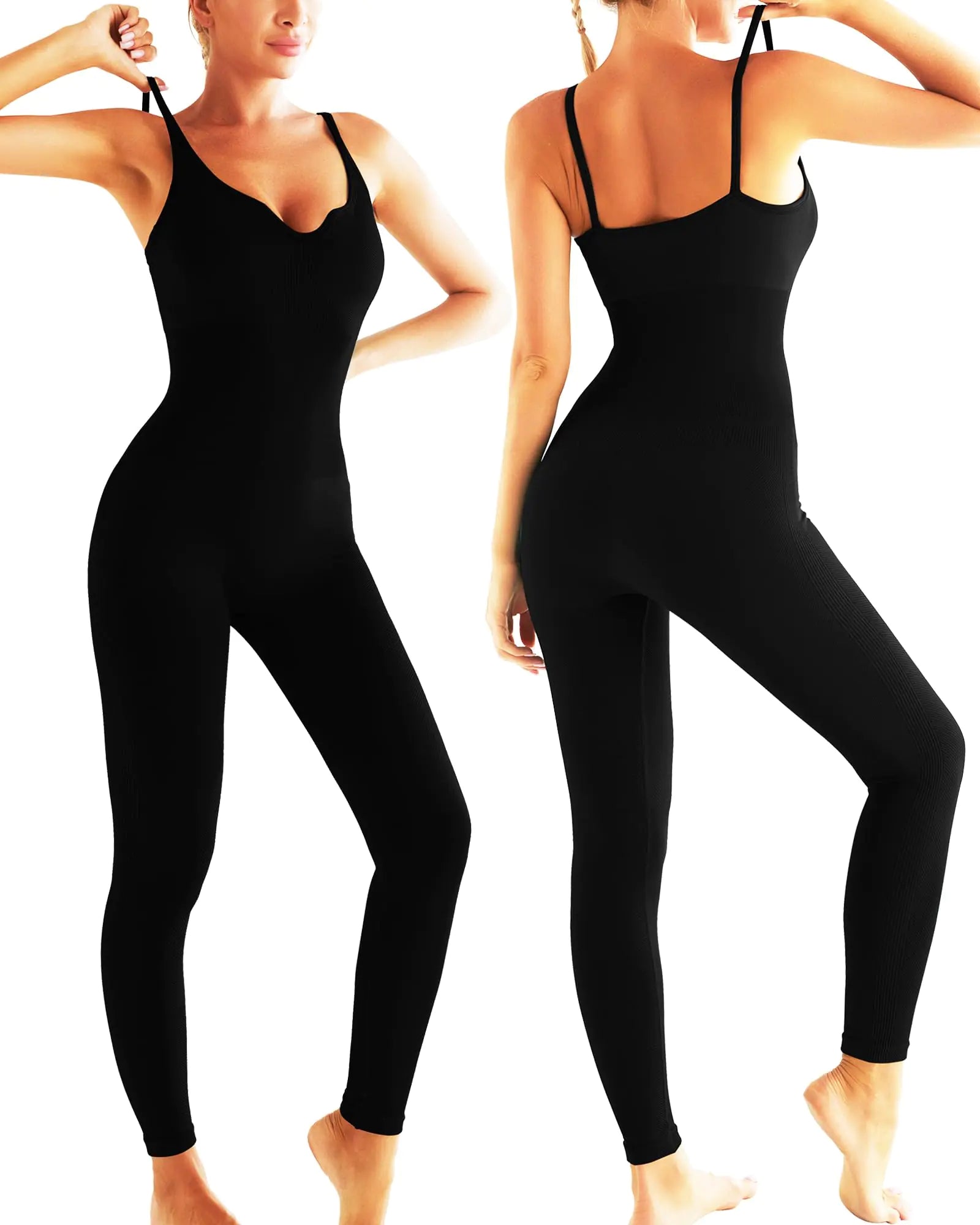 MYSIGHT Black Jumpsuit for Women Ribbed Tummy Control Unitard One Piece Workout Outfit V Neck Sexy Yoga Jumpsuits(LTK2953 Black XL)