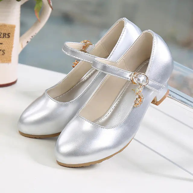 Girls White Leather High Heel Princess Dance Sandals