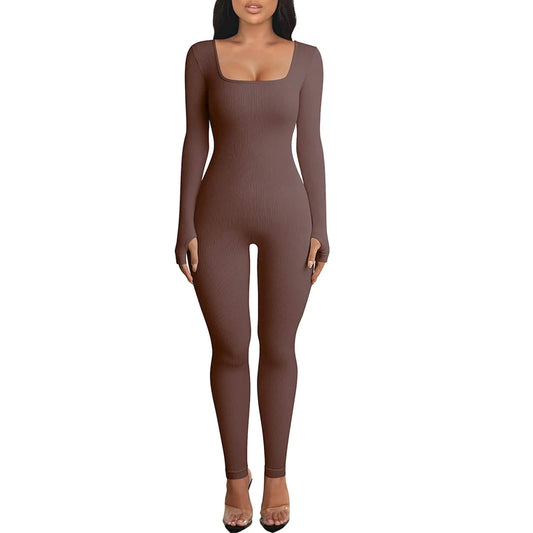 OEAK Womens Yoga Jumpsuit with Tummy Control Long Sleeve Unitard Casual Ribbed Rompers High Waisted One Piece Workout Bodycon Coffee L