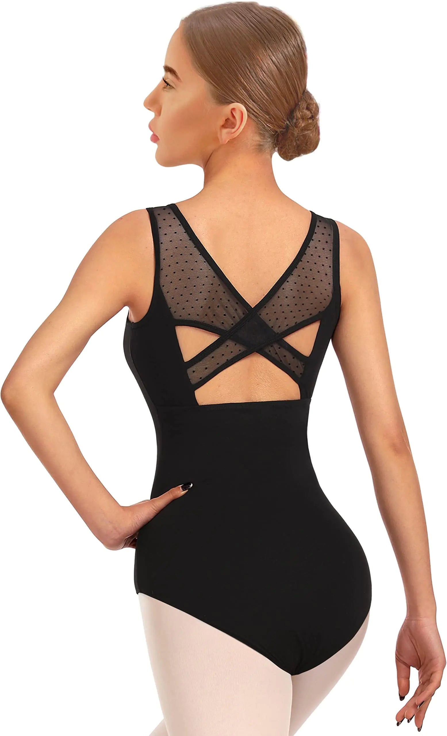 Women Ballet Mesh Dance Leotard Tank Top Crisscross Hollow Back Dancewear(23601-06-M)