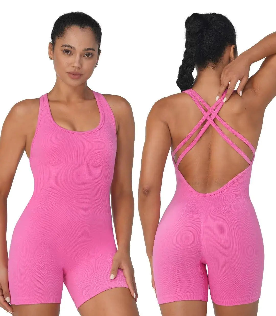 Sunzel Womens Backless Romper Scrunch Butt Shorts Seamless Jumpsuits Bodycon Workout Unitard Bodysuit built in Bra 5" Hot Pink Medium