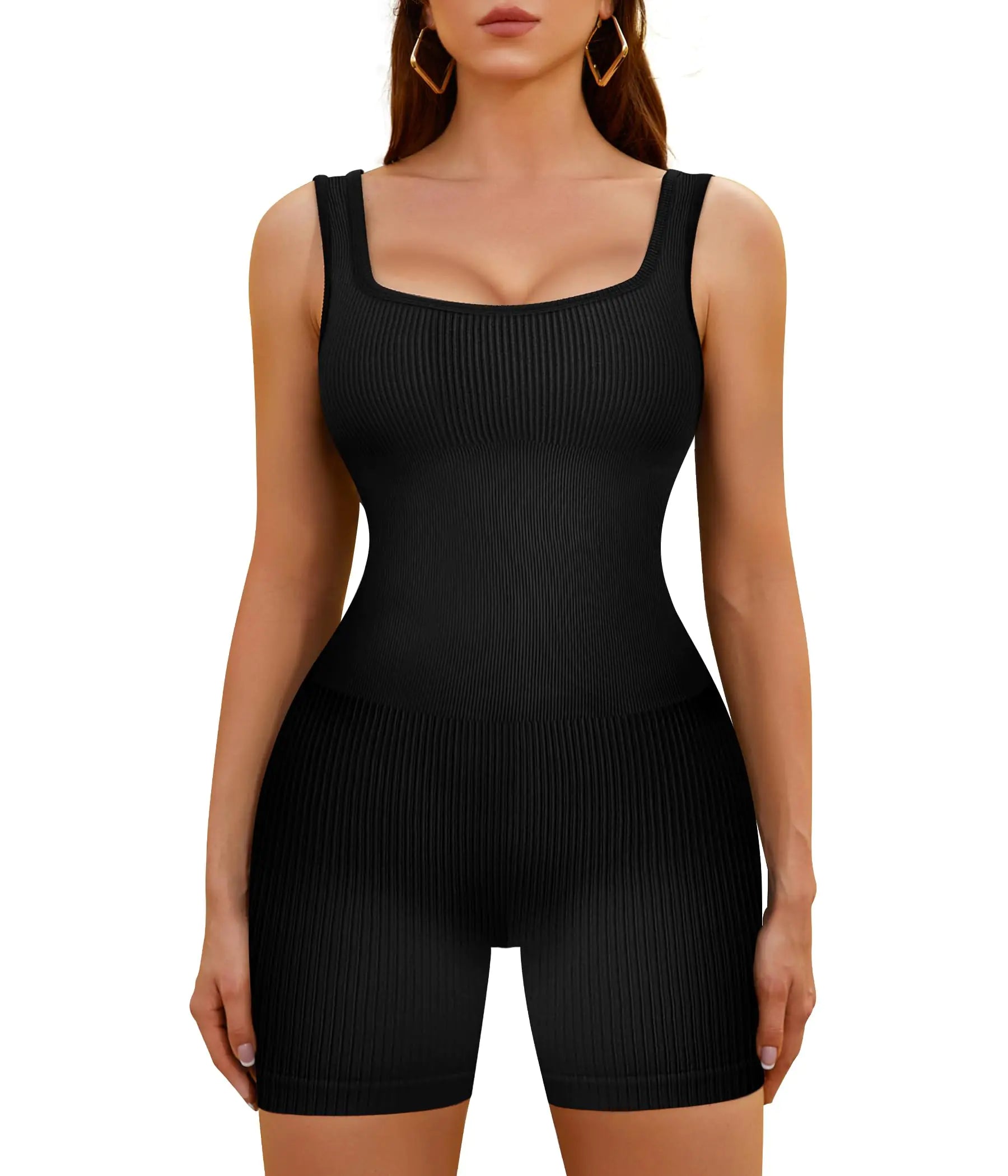 TrainingGirl Womens Yoga Romper Ribbed Athletic Jumpsuits Seamless One Piece Bodysuit Square Neck Tank Tops Exercise Unitard