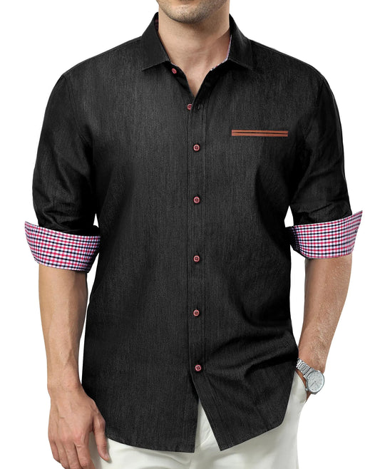Lion Nardo Mens Denim Shirt Long Sleeve Casual Button Down Shirt Men Western Untucked Dress Shirts for Men Cowboy Work Black