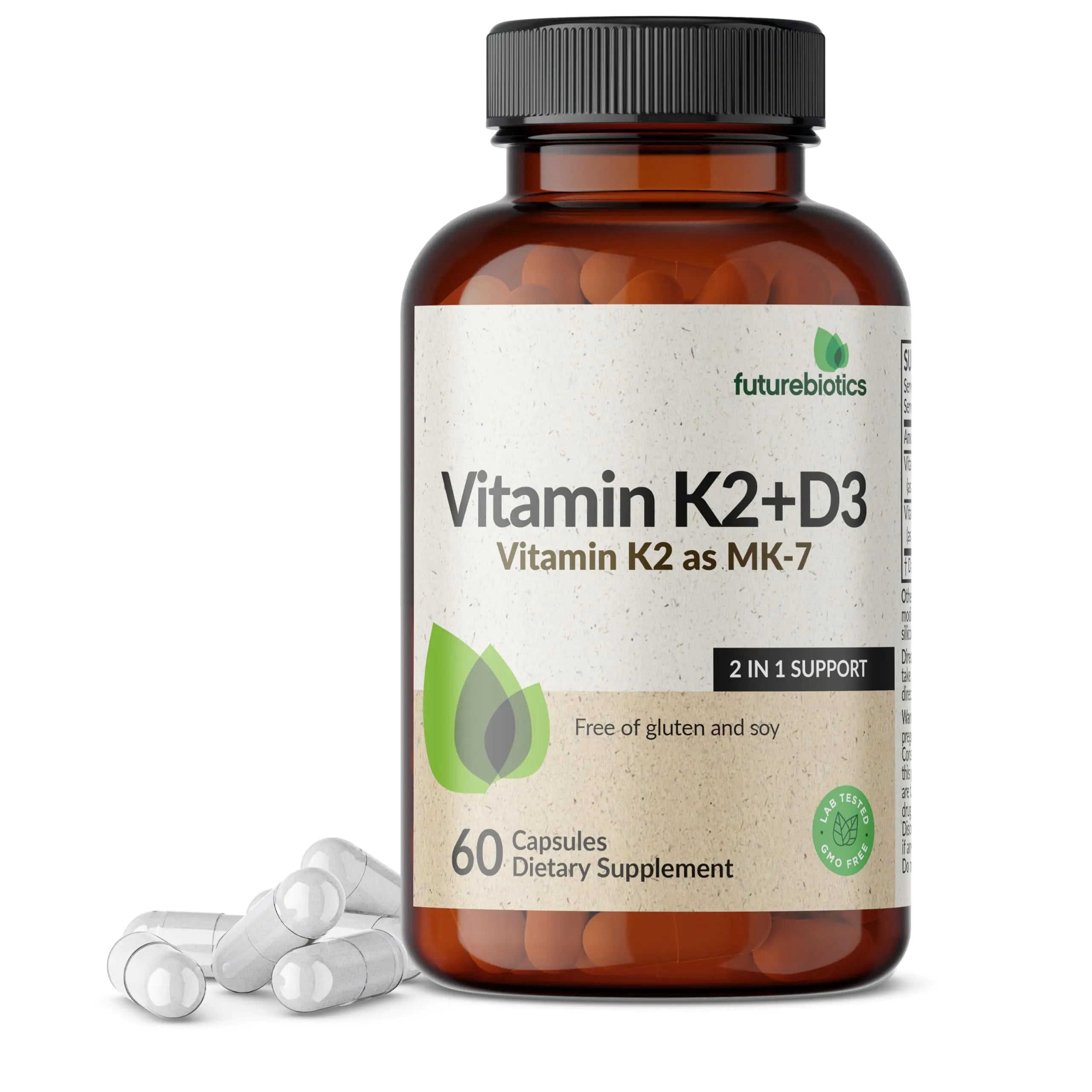 Futurebiotics Vitamin K2 (MK7) with D3 Supplement - Non-GMO Formula - 5000 IU Vitamin D3 & 90 mcg Vitamin K2 MK-7 60 Vegetarian Capsules