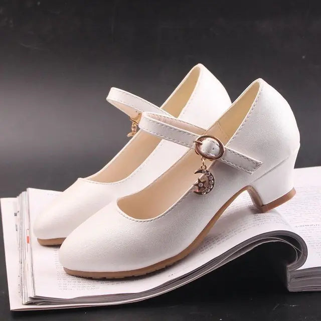 Girls White Leather High Heel Princess Dance Sandals