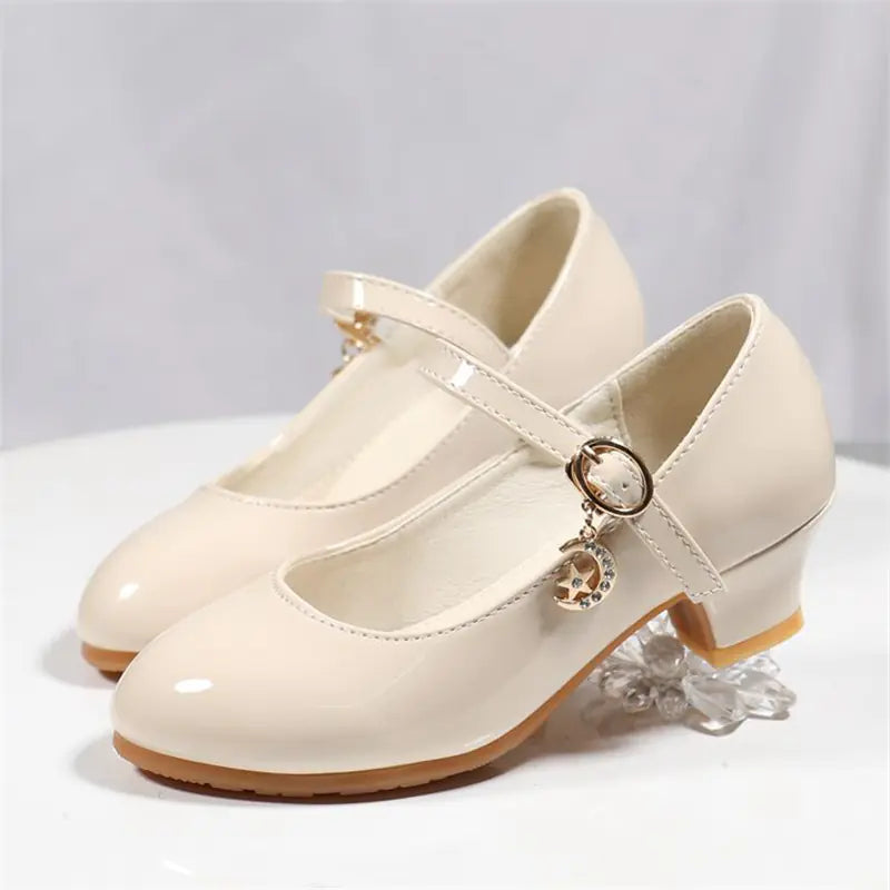 Girls White Leather High Heel Princess Dance Sandals