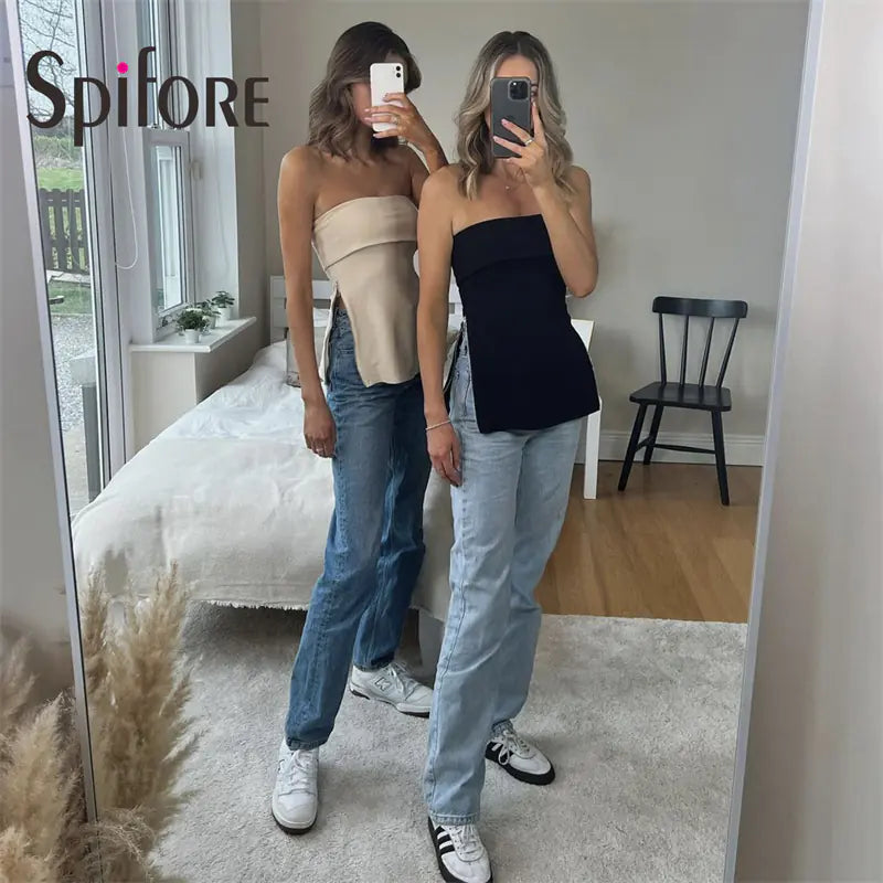 Spifore Off Shoulder Zipper Crop Top for Women