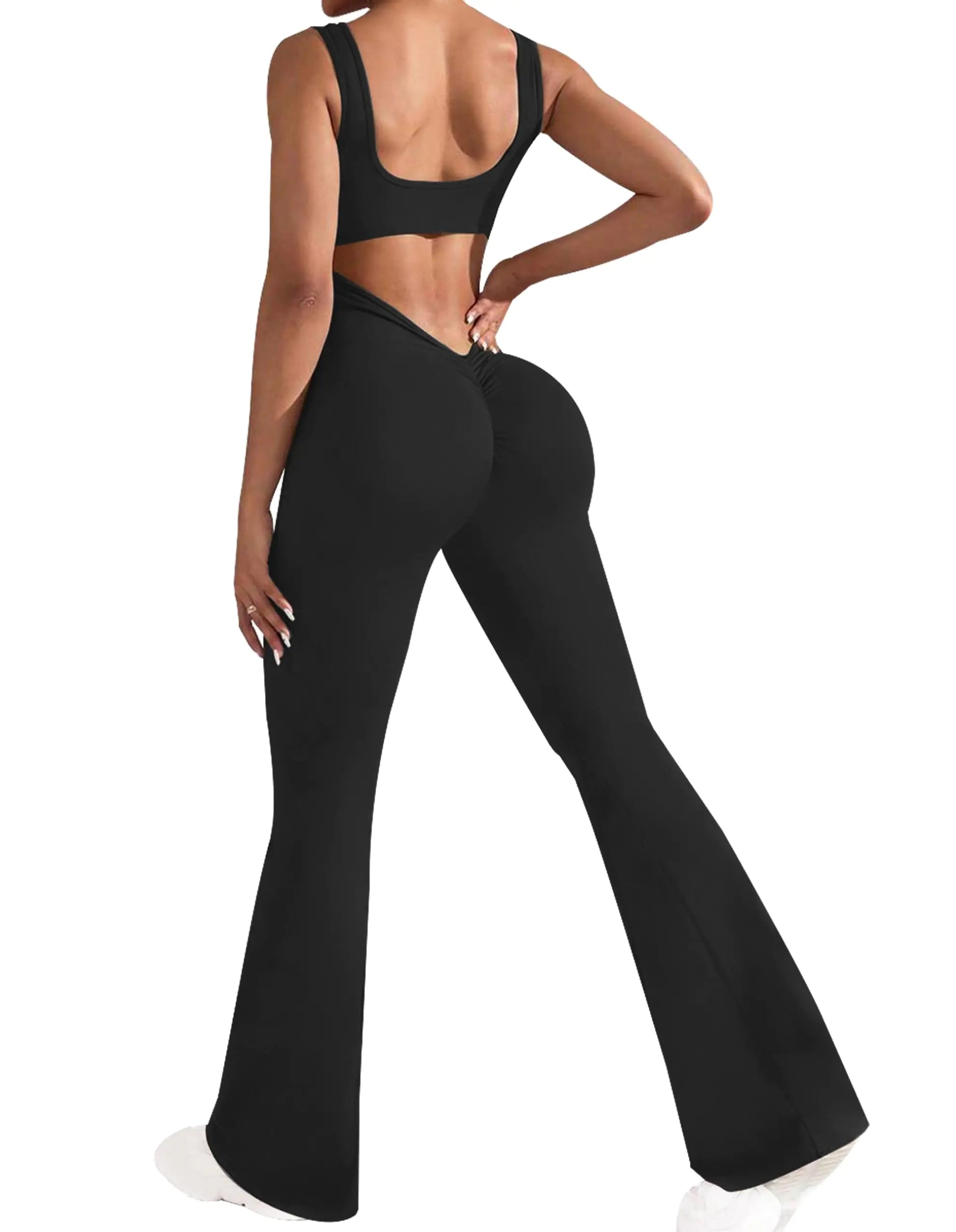OLCHEE Womens Flare Jumpsuits One Piece Seamless Butt Scrunch Workout Romper Square Neck Backless Wide Leg Unitard - Black X-Large