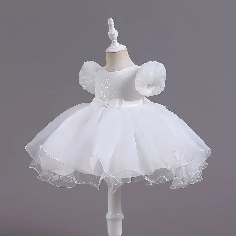 Sequined Puff Sleeve Lace Bubble Skirt Dance Dress